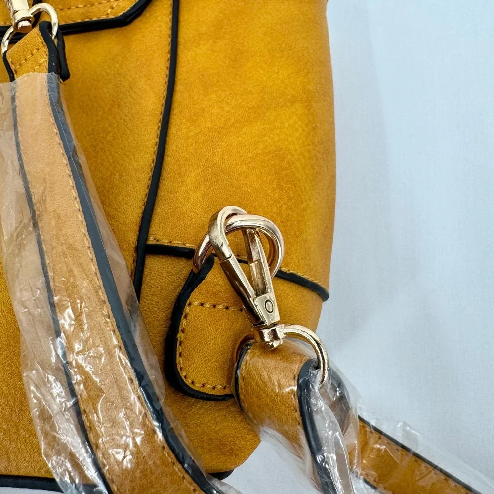 Mustard Yellow Faux Leather Convertible Backpack Crossbody HandBag Gold Hardware